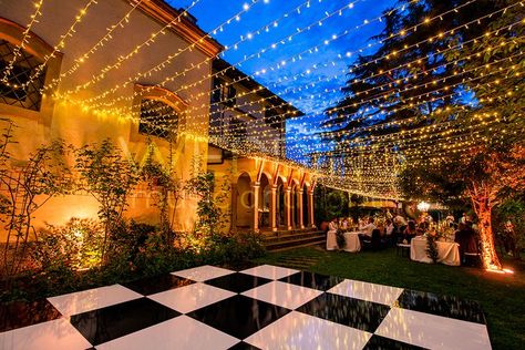 Checkered Dance Floor, next to the dining area, all covered with our bright sky. Qatar Wedding, Hanging Fairy Lights, Marquee Lighting, Checkered Dance Floor, Outdoor Dance Floors, Fairy Lights Wedding, Courtyard Wedding, Dance Floor Wedding, Outdoor Fairy Lights