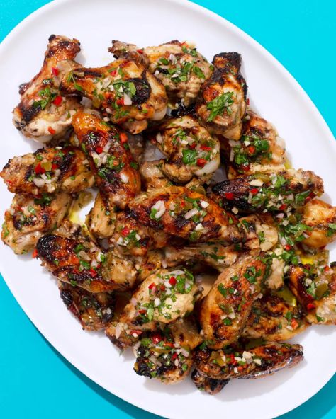 Grilled Chicken Wings with a Cilantro Chimichurri - Chicano Eats Chimichurri Wings, Chicken Wing Party, Chicken Wing Marinade, Cilantro Chimichurri, Grilled Squash, Chimichurri Chicken, Grilled Chicken Wings, Chicken Marinades, Sirloin Steaks