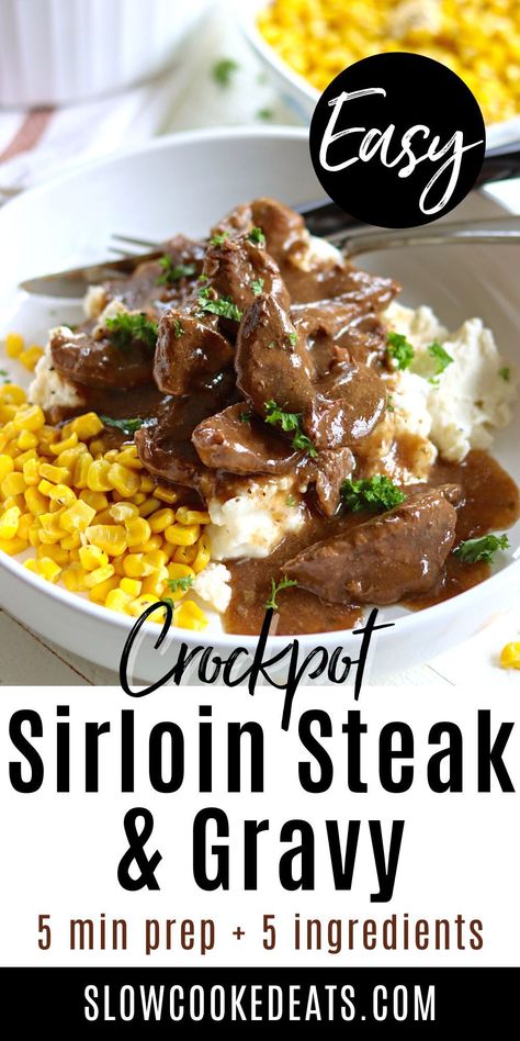 If you're looking for an easy, delicious beef recipe for dinner, you can't go wrong with Crock Pot Sirloin Steak with Gravy. This comfort food favorite is made with just five simple ingredients and is ready in no time. Plus, it cooks low and slow in a crock pot for a perfect, tender and juicy steak! The perfect busy weeknight dinner idea!