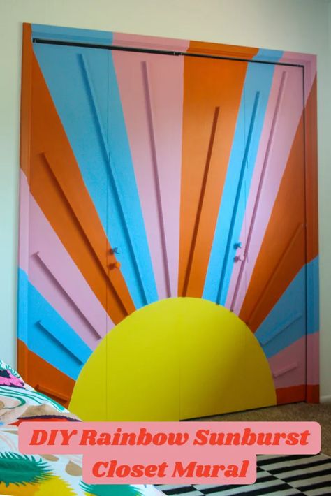 Diy Painted Mural Ideas, Fun Mural Ideas, Diy Mural Ideas, Sunburst Mural, Funky Accent Wall, Diy Rainbow Mural, Fun Accent Wall, Barn Mural, Diy Closet Door