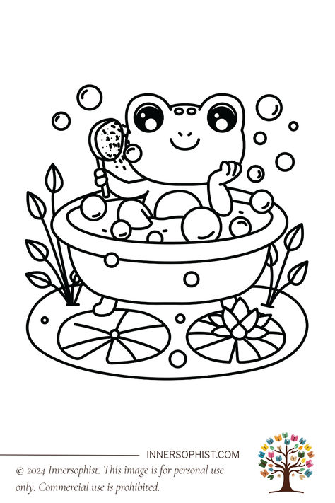 Frog Bath - Coloring Page for kids Cute Frog Coloring Pages, Frog Coloring, Free Coloring Pages For Kids, Frog Coloring Pages, Kids Animals, Montessori Ideas, 2023 Color, Easy Coloring, Window Color