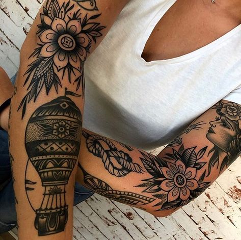 Traditional Tattoo Of A Woman, Traditional Style Tattoo Sleeve Women, Traditional Writing Tattoo, Traditional Sleeve Women, Traditional Black Sleeve, American Traditional Tattoos Women Black, Traditional Tattoo Sleeves, American Traditional Drawing, Traditional Tattoos Arm