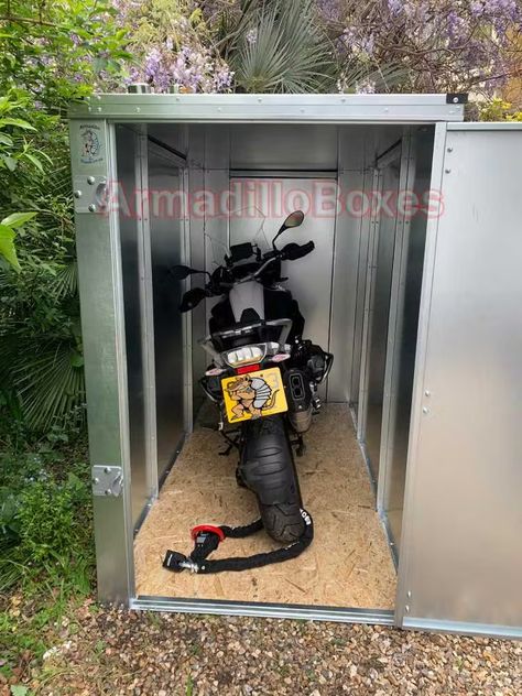 BMW 1250 in an ArmadilloBoxes secure motorcycle shed Motorcycle Shed Ideas, Motorcycle Storage Garage, Motorcycle Shed, Motorbike Storage, Motorbike Shed, Motorcycle Storage Shed, Bike Hooks, Cycle Storage, Motorcycle Storage