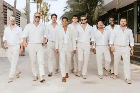 MO Wedddings | Wedding Planners in Tulum Beach Wedding Outfit For Groom, All White Wedding Guests Outfits, Beach Wedding Groom Attire Linen Groomsmen Outfits, White Beach Party Outfit, White Party Outfit Men, Groom White Suit Beach Wedding, Show Me Your Mumu White Dress, Tulum Before The Groom, White Party Attire