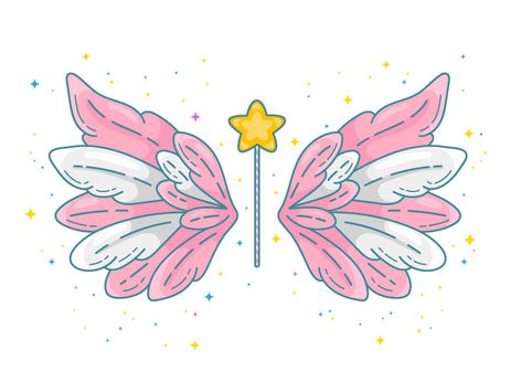 Kawaii Angel Wings Tattoo, Fairy Wand Drawing, Fairy Wings Illustration, Kawaii Angel Wings, Fairy Wings Drawing, Cute Angel Wings, Wing Illustration, Cute Wings, Magic Wings