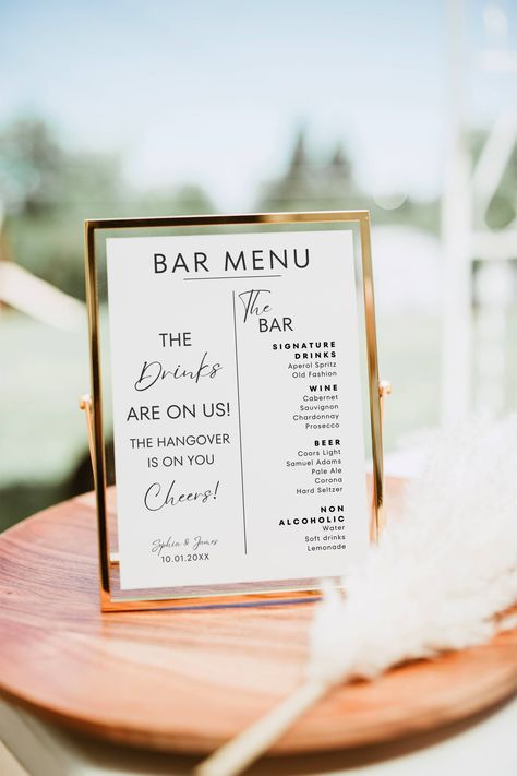 Open Bar Menu Sign Template is fully editable in Canva to easily change text, fonts, colors, pictures and more. Perfect for Wedding Bar sign, Bridal shower, baby shower, party drink sign, bar cart decor and more.  This is a digital product, nothing will be shipped. This download includes: 1.  Bar Menu Sign  2.  100+ Drink Images 3.  How To Guide PDF *Canva also includes 1000s of Graphics / Photos / Fonts to customize your template -HOW IT WORKS- 1. After purchase, Sign into Etsy on your computer The Bar Menu Wedding, Diy Bar Menu Sign, Wedding Bar Details, Open Bar At Wedding, Bar Menu For Wedding, Custom Cocktail Sign, Drink Signs For Party, Bar Decorations Wedding, Drink Bar Wedding