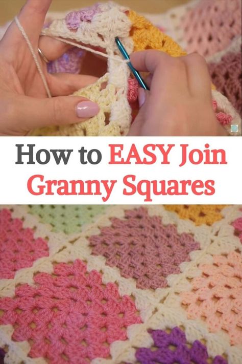 Granny Square Together, How To Crochet Squares Together Blankets, Sewing Granny Squares Together Blankets, How To Join Crochet Granny Squares Together, Granny Square Stitch Together, Join Granny Squares Crochet Easy, How To Sew Crochet Granny Squares Together, How To Make A Granny Square Blanket, Crochet Together Granny Squares