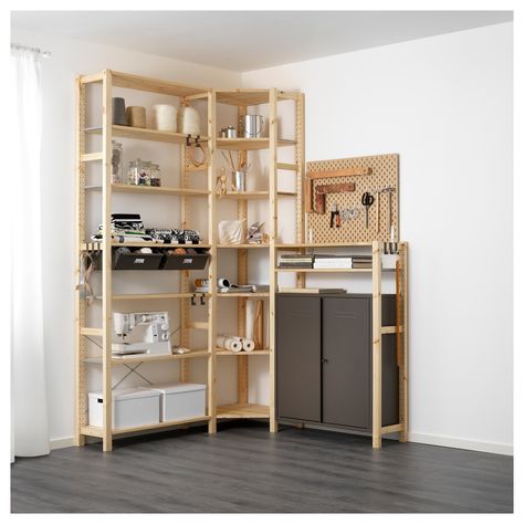 IVAR / SKÅDIS 3 section shelving unit w/cabinets - IKEA Ivar Corner, Corner Shelf Ideas, Multifunctional Room, Basement Organization, Workspace Studio, Clean Workspace, Pine Shelves, Garage Storage Solutions, Ikea Ivar