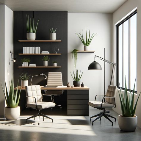 Moody Office Inspiration Modern, Space Color Scheme, Zen Office Space, White Office Ideas, Office Home Design, Grey Office Desk, Office Cabin Design, Home Office Set Up, Grey Interior Design