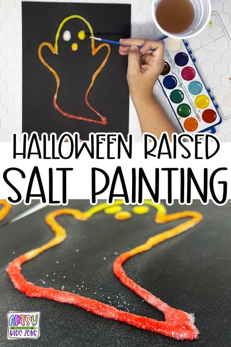 Photo os a Ghost Raised Salt Painting. Pumpkin Salt Painting, Low Prep Halloween Craft, Spider Web Salt Painting, Hand Print Halloween Art, Halloween Salt Painting, Halloween Preschool Crafts Art Projects, Halloween Early Years Activities, Preschool Halloween Art Projects, Trick Or Treat Crafts For Kids