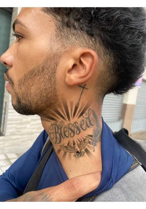 Neck Tattoo Name Ideas, Goat Neck Tattoo, Neck Front Tattoo, Neck Tattoo Men Ideas Unique, Front Of Neck Tattoo, Side Face Tattoo Men, Middle Neck Tattoo Men, Blessed Neck Tattoo, Men’s Neck Tattoos