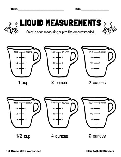 Catholic Themed Liquid Measurements Worksheet - TheCatholicKid.com Measurements Worksheet, Measuring Worksheets, Liquid Measurements, Measurement Worksheets, Montessori Homeschool, Math Interactive, Math Measurement, 1st Grade Math Worksheets, Kindergarten Resources