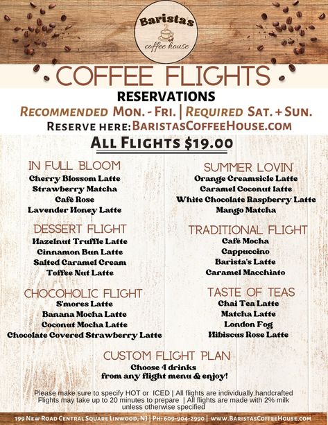 Coffee Flights — Barista's Coffee House Coffee Flight Ideas, Signature Coffee Drinks, Coffee Shop Layout, Coffee Flights, Drink Flights, Deja Brew, Toffee Nut Latte, Barista Life, Gourmet Pastries