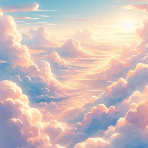 "Lost among the clouds, I found eternity."_ ☁️✨ 📸 Golden Horizon Above the Clouds . . . . In the quiet hours between day and night, when the sun dips below the horizon, the sky transforms into a canvas of warm hues. On this particular evening, the world held its breath as the clouds gathered, their edges aglow with the last remnants of daylight. The artist of the heavens brushed strokes of pink, orange, and blue across the expanse, creating a breathtaking panorama. Fluffy cumulus cloud... Cloud Concept Art, In The Clouds Aesthetic, Cloud Lettering, Fantasy Clouds, Heaven Aesthetic, Cloud World, Sky God, Cloud Night, Cumulus Clouds