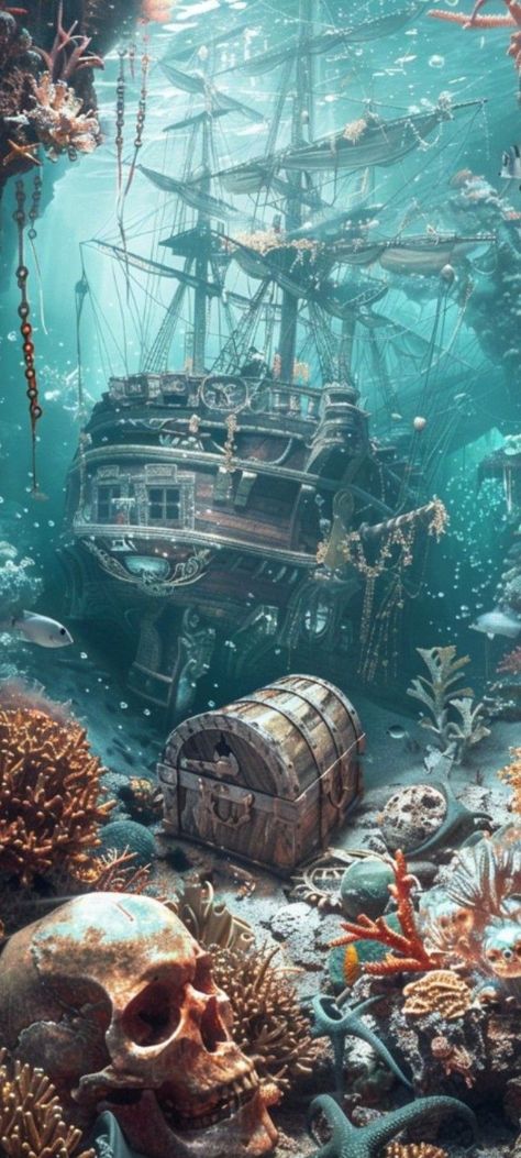 Pirate Ship Wreck, Pirate Ship Illustration, Pirate Background, Ocean Creatures Art, Pirate Ship Tattoos, Ocean Theme Tattoos, Pirate Images, Pirate Ship Art, Pirates Treasure