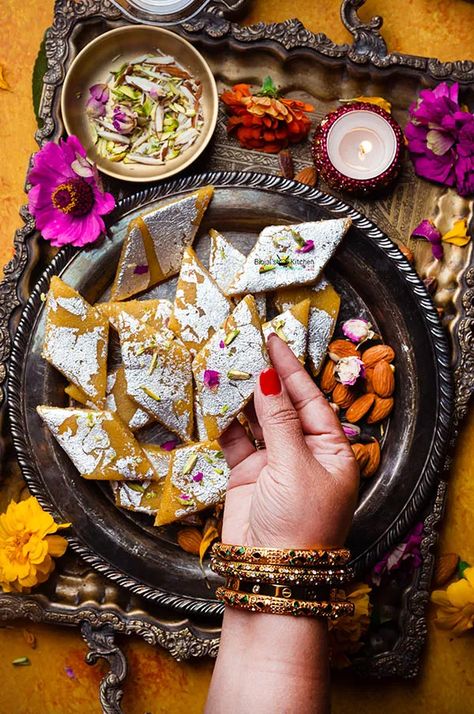 Kesar Badam Katli - Binjal's VEG Kitchen Badam Katli, Yellow Foods, Symbol Of Love, Cardamom Powder, Indian Sweet, Dried Rose Petals, Ground Almonds, Clarified Butter, A Symbol