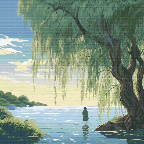 Weeping Willow Tree Scene 1 cross-stitch pattern digital download, printable PDF (colored and uncolored versions), 250 x 250, complete with list of needed cross-stitch floss/thread. Willow Trees Painting, Willow Tree Tattoo On Shoulder, Weeping Willow Art, Weeping Willow Tree Aesthetic, Willow Tree Aesthetic, Weeping Willow Painting, Willow Tree Drawing, Willow Tree Painting, Willow Tree Art