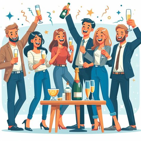 The image is a cartoon illustration of a group of people celebrating with drinks. There are five people in the image, all of whom are standing and holding glasses of champagne or beer. The people are clinking their glasses together in a toast. There is a bottle of champagne on the table in front of them. The people are all smiling and laughing, and they look like they are having a lot of fun. The background is a light blue color, and there are some stars and confetti floating around. People Celebrating Illustration, Happy People Photography, Monochromatic Illustration, People Celebrating, Smile Drawing, Friends Drinks, Cheer Party, People Having Fun