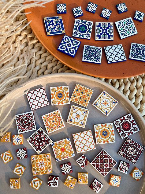 More new designs up on www.glitterydaisyy.com ❤️ Peranakan Tiles, Traditional Tile Design, Clay Arts, Jewelry Store Design, Ceramic Jewellery, Clay Keychain, Dining Ware, Clay Canes, Traditional Tile