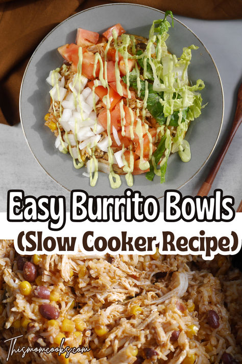 These slow cooker chicken burrito bowls are one of my busy day go-tos because they are very quick and easy to make and taste so delicious! Crock Pot Burrito Bowl, Crockpot Burrito Bowl, Burrito Bowl Crockpot, Chicken Burrito Bowl Crockpot, Crockpot Chicken Burrito Bowl, Crockpot Burritos, Slow Cooker Chicken Burrito Bowl, Chicken Burrito Bowls, Easy Slow Cooker Chicken