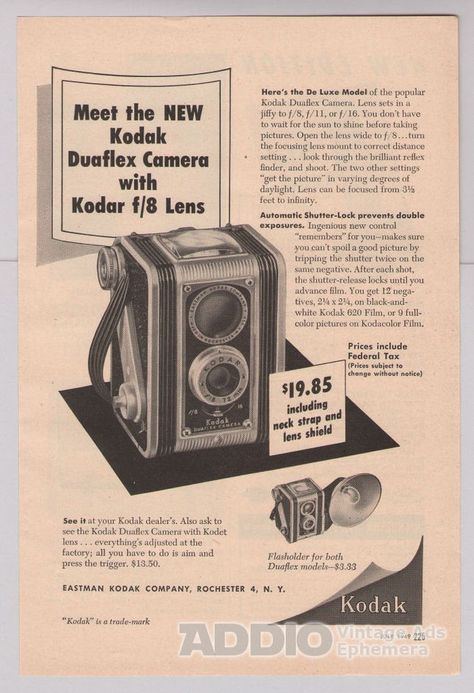 Kodak Duaflex #Camera '40s Print Ad Vintage #Photography Advertisement Kodar 1949 #Kodak Old Camera Aesthetic, Photography Advertisement, Kodak Pictures, Fotocamere Vintage, Kodak Camera, Photo Lens, Antique Cameras, Vintage Advertising Posters, Classic Camera