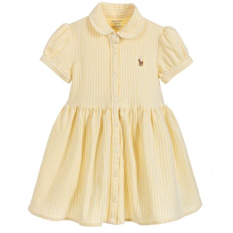 Baby girls yellow and white striped dress and knickers set from Ralph Lauren, made in soft and stretchy cotton piqué. It has the designer's iconic small pony logo embroidered on the chest. Bby Outfit, Cotton Baby Dress, Baby Ralph Lauren, Baby Dress Set, Baby Polo, Baby Cheeks, Ralph Lauren Baby Girl, Designer Dresses For Kids