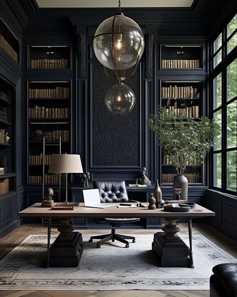 Mens Study Office, Moody Home Library, Modern Masculine Office, Monochromatic Office, Home Office Masculine, Dark Home Office, Moody Maximalist, Moody Office, Masculine Home Office