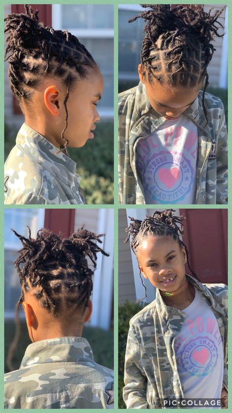 Loc style that is easy for little girls Locs Hairstyles For Girls Kids, Kids Locs Styles Girls Short, Toddler Locs Girl, Little Black Girls Loc Styles, Loc Styles For Girls Kids, Girl Loc Hairstyles, Girls Loc Styles, Kids Dreadlocks Styles, Kids Faux Locs