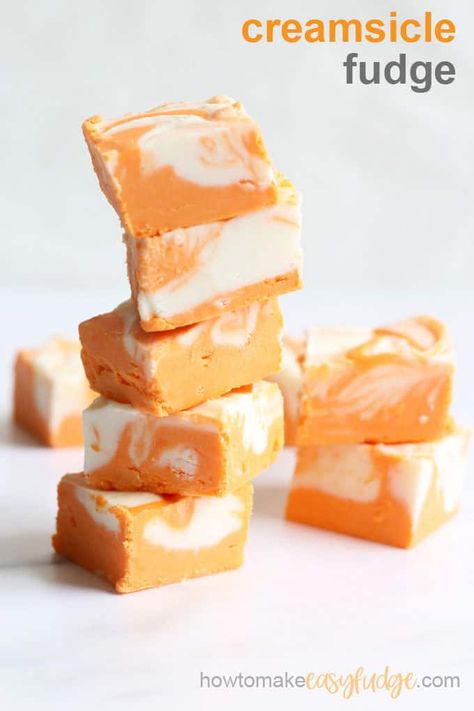 EASY orange creamsicle fudge, made with 4-ingredients in the microwave! Start with white chocolate chips and a can of store-bought frosting for a delicious, easy fudge made in minutes. #orangecreamsicle #creamsiclefudge #orangevanilla #easyfudge #easyfudgerecipe #bestfudgerecipe #homemadefudge #nobakedessert Creamsicle Fudge Recipe, Orange Creamsicle Fudge, Creamsicle Fudge, Best Fudge Recipe, Homemade Fudge Recipes, Store Bought Frosting, Fudge Recipes Easy, Homemade Fudge, Fudge Easy