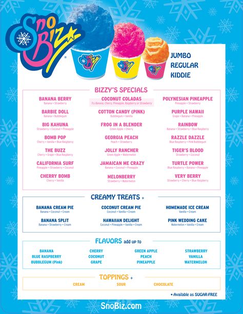 Snowball Flavor Combinations, Snow Cone Stand Ideas Signs, Snow Cone Flavors Recipes, Snow Cone Menu Ideas, Snow Cone Topping Ideas, Snow Cone Business Names, Sno Cone Flavor Combinations, Snowcone Flavor Combos, Snow Cone Flavors Combinations