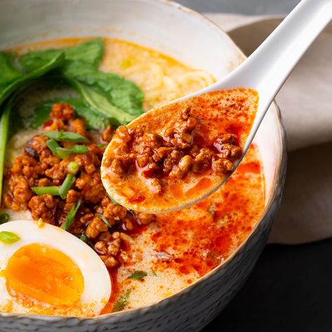 Easy 'Tantanmen' Ramen | Marion's Kitchen ~ Fast & simple recipe. Spicy pork : ground pork, garlic, ginger, doubanjiang, soy sauce, sake. Tare (pronounced “ta-REH”) : white sesame paste, soy sauce, rice vinegar, green onion whites, & chili oil. Soup : chicken stock, unsweetened soy milk, baby bok choy, ramen noodles (cooked separately), & soft boiled eggs. #Asian #Japanese-style Tantanmen Ramen, Fresh Ramen Noodles, Pork Ramen, Sesame Paste, Marion's Kitchen, Asian Soup, Ramen Recipes, Spicy Pork, Soft Boiled Eggs