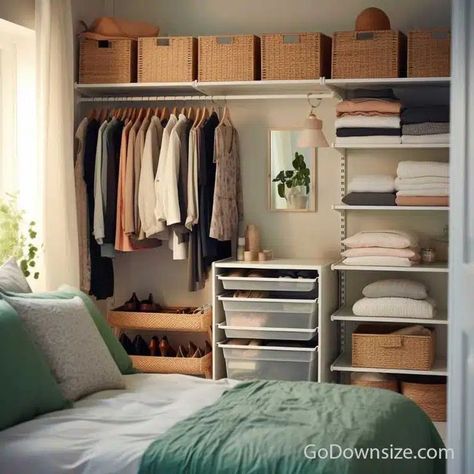 This minimalist bedroom keeps its vanity and storage area by the wall with open shelves, containers, and a rod to hang clothes on. Small Bedroom With No Closet, Bedroom With No Closet, Exposed Closet, Panels Bedroom, Wall Panels Bedroom, Storage Hacks, Wall Panels, Storage Ideas, Shelves