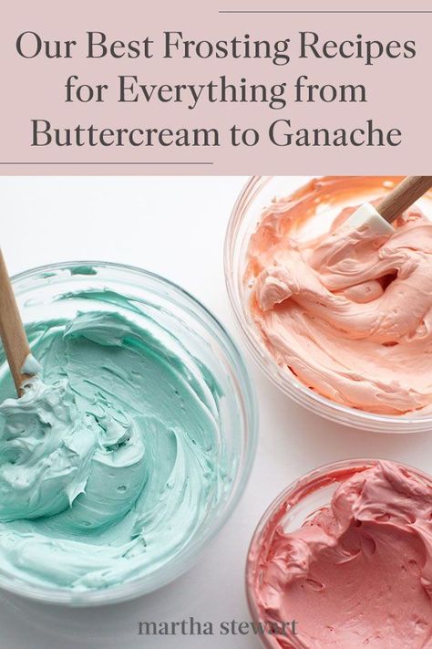 When decorating cakes, cupcakes, cookies, and other baked goods, each type of frosting has its place and helps everything taste even better. We share our best frosting recipes for quick vanilla frosting, easy chocolate buttercream, white icing, cream cheese frosting, Italian meringue buttercream, and more classic frostings! #marthastewart #recipes #frostingrecipeideas #dessert #dessertrecipes #pastryrecipes Cream Cheese Buttercream Icing, Cake And Frosting Pairings, Frosting Flavors For Vanilla Cake, Unique Buttercream Flavors, No Butter Icing, Cake And Frosting Combinations, Stiff Buttercream Frosting For Piping, Wilton Buttercream Frosting, Frosting Types