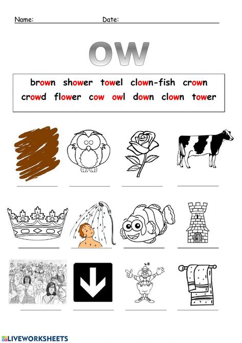 Phonics - ow - Interactive worksheet Ow Phonics Worksheets, Ow Words Phonics, Ow Sound Worksheet, Ow Worksheets Free, Ow Words Worksheet, Ow Sound, Long Vowel Worksheets, Read In English, First Grade Ela