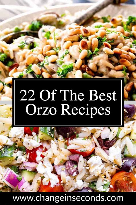 Over 20 Amazing Healthy Orzo Recipes Includes Salads, Pasta, Soups, Side Dishes And Mains For Lunch And Dinner For Spring And Summer! Orzo meals with Chicken, Shrimp, Beef, Turkey, Salmon, Prawns, Garlic, Tomato, Mushrooms, Steak, Sausage & More! #recipesfordinner #healthydinnerrecipes #healthyfoodrecipes #orzorecipes #healthymeals #healthyeating #pastarecipes #summerrecipes Orzo Chicken Salad Recipes, Orzo Lunch Recipes, Low Calorie Orzo Recipe, Spring Orzo Salad, Healthy Orzo Recipes, Orzo Side Dish Recipes, Shrimp And Orzo Recipes, Healthy Orzo Recipe, Salmon And Orzo Recipe