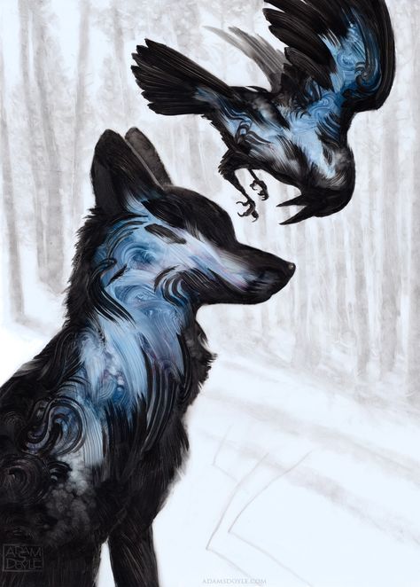 Artist Adam S. Doyle Utilizes Simplified Brushstrokes to Organically Conjure Animals to the Blank Page Raven And Wolf, Raven Art, Anime Wolf, Anime Animals, Fox Art, Wolf Art, Arte Animal, Pablo Picasso, Animal Paintings