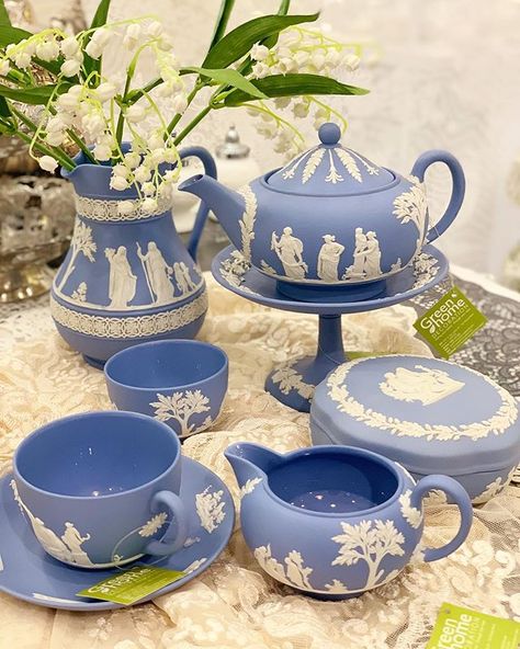 Wedgwood, Jasperware, Blue, Grecian, GLAZE INSIDE, Cup & Saucer. #wedgwood #jasperware #teacups #teapots #blue #collector #vintage Ww Cookies, Wedgewood China, Wedgewood Jasperware, Wedgwood Pottery, Wedgwood China, Wedgwood Jasperware, Wedgwood Blue, Antique Perfume Bottles, Teapots And Cups