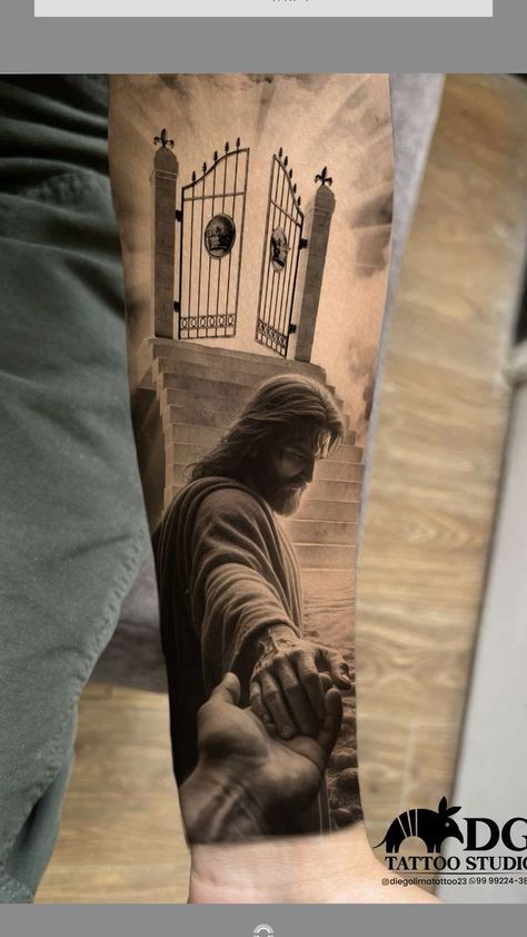 Jesus Piece Tattoo, Catholic Tattoos For Men, Christian Tats, Tattoo Jesus Cristo, Jesus Tattoo Ideas, Christian Tattoos Men, Jesus Tattoo Sleeve, Jesus Tattoos, Crucifix Tattoo