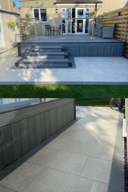 Davenport Landscapes have done an amazing job with this garden transformation! A gorgeous raised decking area surrounded by a porcelain patio. Only the finest Italian porcelain paving at Sandstone Supplies UK. Paving used here is our Torretta 800x400 in Silver and Anthracite used as borders which is priced at £44 per sqm. Call us on 01925 918978 or come and see us at our showroom 354 Wilderspool Causeway WA4 6QP today to place your order or enquire with us about our products. UK Delivery only. Raised Decking, Porcelain Patio, Garden Transformation, Porcelain Paving, Decking Area, Come And See, Borders, Garden Design, Showroom