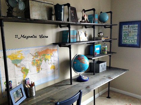 Industrial Shelving and Kids Desk! Teenager Bedroom Boy, Teen Boy Room, Industrial Bedroom, Pipe Furniture, Kids' Desk, Bedroom Desk, Industrial Shelving, Boy Bedroom, Big Boy Room