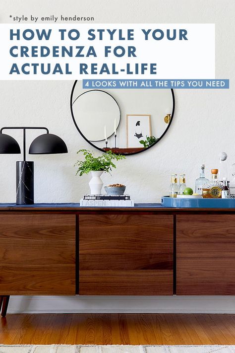 How to Style Your Credenza for Actual real-Life | Emily Henderson #homedecor #style #interiors How To Style Credenza, Credenza Under Window, Styling A Credenza, Tabletop Styling, Short Dresser, Credenza Styling, Decor Small Living Room, Tv Credenza, Trending Home Decor