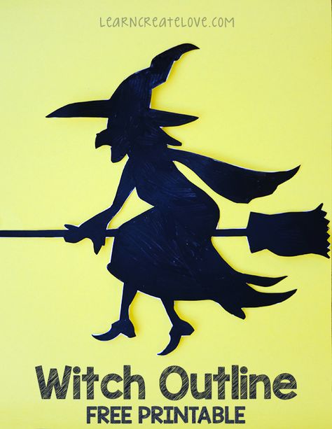 Flying Witch Printable Outline | LearnCreateLove Free Silhouette Printables, Witch Silhouette Templates Free, Witch Templates Free Printable, Witch Sillouhette, Free Witchy Printables, Witch Silhouette Templates, Halloween Stencils Printables Free, Witch Outline, Witch Template