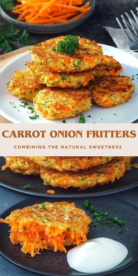 Crispy Carrot and Onion Fritters Ingredients: Carrot: 250 g, grated Provides natural sweetness and vibrant color. Onion: 250 g, finely chopped Adds a savory depth to the fritters. Garlic: 3 cloves, minced Enhances the flavor with a sharp, aromatic bite. Egg: 1 large Acts as a binder, holding the fritter mixture together. Semolina: 3-4 tbsp. Adds structure and helps absorb moisture from the vegetables. Butter: 25 g, melted Contributes richness and flavor to the mixture #Onion #Carrot Vegetable Patties, Onion Fritters, 15 Minute Meals, Bread Appetizers, Carrot Recipes, Bread Rolls, Quick Recipes, Easy Snacks, The Natural