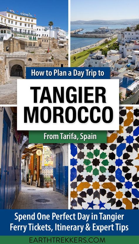 How to plan a day trip to Tangier, Morocco from Tarifa, Spain. Getting to Tangier by ferry, best things to do in Tangier, walking route in Tangier, best tours, and lots of helpful tips. Tarifa Spain, Plan A Day, 1 Day Trip, Tangier Morocco, Important Things To Know, South Of Spain, Hiking National Parks, Travel Inspiration Destinations, Walking Routes