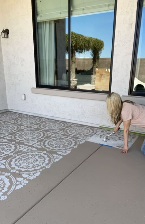 Stenciled Concrete Floor, Paint Concrete Patio, Stencil Concrete, Paint Concrete, Concrete Patio Makeover, Floor Painting, Cement Patio, Stencils Painting, Concrete Patio Designs