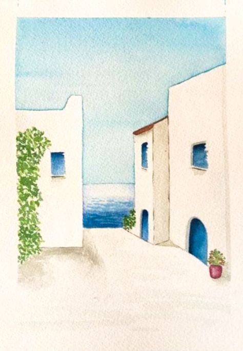 Beachy Watercolour Ideas, Watercolor House Painting Simple, Watercolour Italy, Abstract Watercolor Tutorial, Apartment Painting, Soft Pastels Drawing, Watercolor House Painting, Basic Watercolor, Beach Art Painting