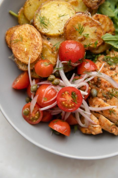 crispy potato and chicken bowl - the palatable life Lemon Basil Dressing, The Palatable Life, Palatable Life, 2024 Recipes, Parmesan Potatoes, White Balsamic Vinegar, Lemon Basil, Large Oven, Chicken Bowl