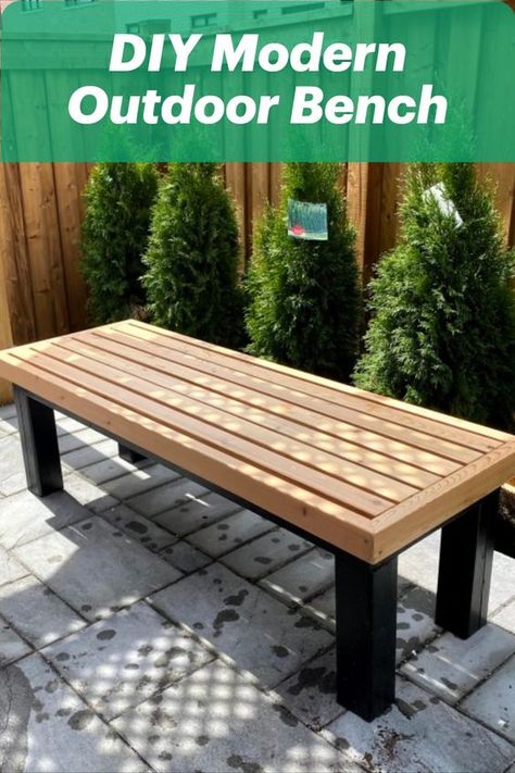 Diy Modern Bench Outdoor, Long Outdoor Bench, Benches For Outside Diy, Deck Benches Seating Diy, Bench Outside Ideas, Backyard Bench Diy, Garden Seating Diy, Wood Slat Bench Diy, Cedar Bench Ideas