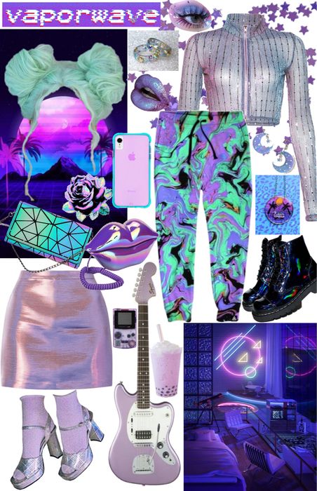 Synthwave Style Clothes, Vapour Wave Aesthetic Outfit, Vaporwave Aesthetic Clothes, 80s Synthwave Aesthetic Outfit, Vaporwave Clothing Aesthetic, Retrowave Aesthetic Outfits, Synthwave Aesthetic Fashion, Acidwave Outfit, Vaporwave Outfit Aesthetic