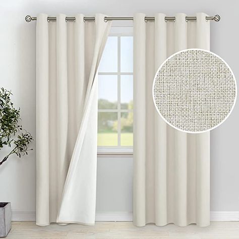 Amazon.com: YoungsTex Linen 100% Blackout Curtains 63 Inches Long for Bedroom, Linen Textured Grommet Thermal Insulated Full Room Darkening Curtains with White Liner, 2 Panels, 52 X 63 Inch, Lined : Home & Kitchen White Curtains Living Room, Long Window Curtains, Bedroom Linen, Linen Blackout Curtains, Small Room Design Bedroom, White Liner, Drapes For Living Room, Have A Good Sleep, Curtain Room